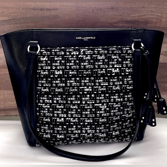 Karl Lagerfeld Paris Louise Black Leather and Tweed Tote VGC